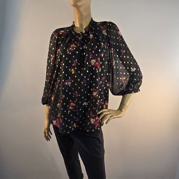 VINCE CAMUTO Black Floral Blouse Multicolor Size Large 3/4 Length Sleeves - Picture 1 of 9